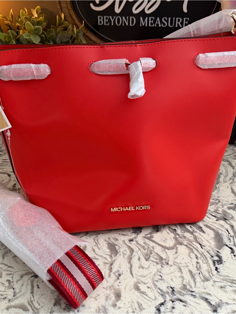Michael Kors Bright Red Leather Tote with Striped Accent Strap